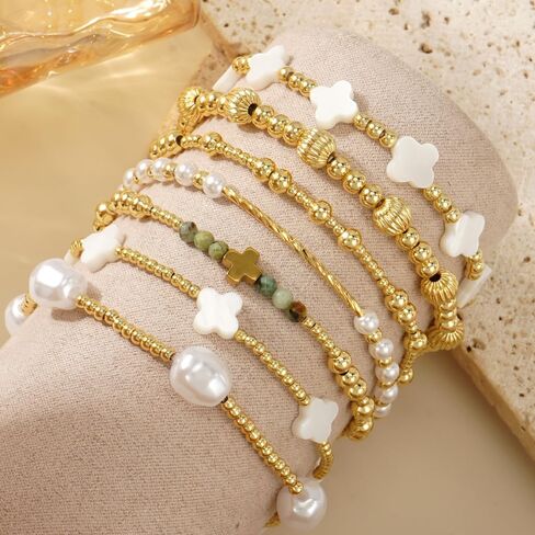 Gold Pearl Clover Shell Cross Bracelets for Women 7PCS Handmade Boho Beaded Bracelet Stack Stretch Stackable Gold Plated Beads Jewelry Accessories Trendy Birthday Prom Friendship Gift in Saudi Arabia