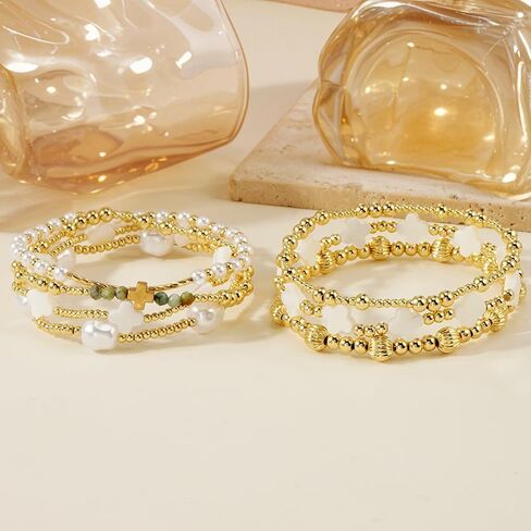 Gold Pearl Clover Shell Cross Bracelets for Women 7PCS Handmade Boho Beaded Bracelet Stack Stretch Stackable Gold Plated Beads Jewelry Accessories Trendy Birthday Prom Friendship Gift in Saudi Arabia