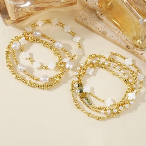 Gold Pearl Clover Shell Cross Bracelets for Women 7PCS Handmade Boho Beaded Bracelet Stack Stretch Stackable Gold Plated Beads Jewelry Accessories Trendy Birthday Prom Friendship Gift in Saudi Arabia