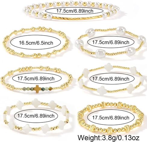 Gold Pearl Clover Shell Cross Bracelets for Women 7PCS Handmade Boho Beaded Bracelet Stack Stretch Stackable Gold Plated Beads Jewelry Accessories Trendy Birthday Prom Friendship Gift in Saudi Arabia
