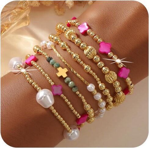 Gold Pearl Clover Shell Cross Bracelets for Women 7PCS Handmade Boho Beaded Bracelet Stack Stretch Stackable Gold Plated Beads Jewelry Accessories Trendy Birthday Prom Friendship Gift in Saudi Arabia
