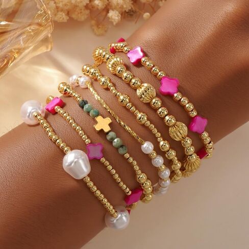 Gold Pearl Clover Shell Cross Bracelets for Women 7PCS Handmade Boho Beaded Bracelet Stack Stretch Stackable Gold Plated Beads Jewelry Accessories Trendy Birthday Prom Friendship Gift in Saudi Arabia