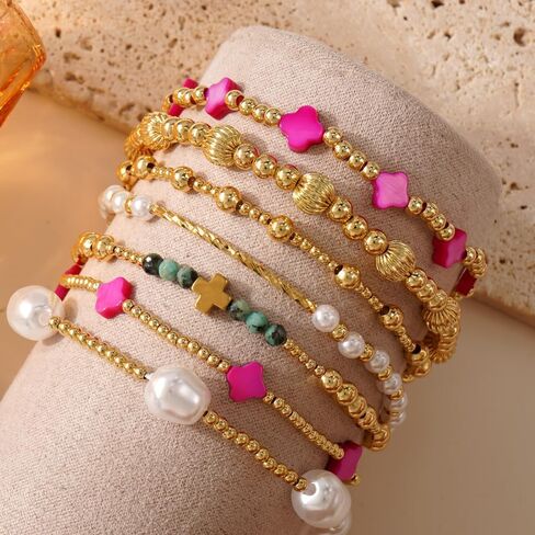 Gold Pearl Clover Shell Cross Bracelets for Women 7PCS Handmade Boho Beaded Bracelet Stack Stretch Stackable Gold Plated Beads Jewelry Accessories Trendy Birthday Prom Friendship Gift in Saudi Arabia