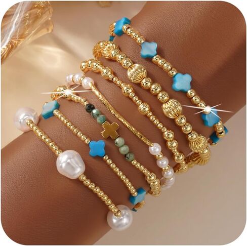 Gold Pearl Clover Shell Cross Bracelets for Women 7PCS Handmade Boho Beaded Bracelet Stack Stretch Stackable Gold Plated Beads Jewelry Accessories Trendy Birthday Prom Friendship Gift in Saudi Arabia