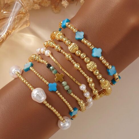Gold Pearl Clover Shell Cross Bracelets for Women 7PCS Handmade Boho Beaded Bracelet Stack Stretch Stackable Gold Plated Beads Jewelry Accessories Trendy Birthday Prom Friendship Gift in Saudi Arabia