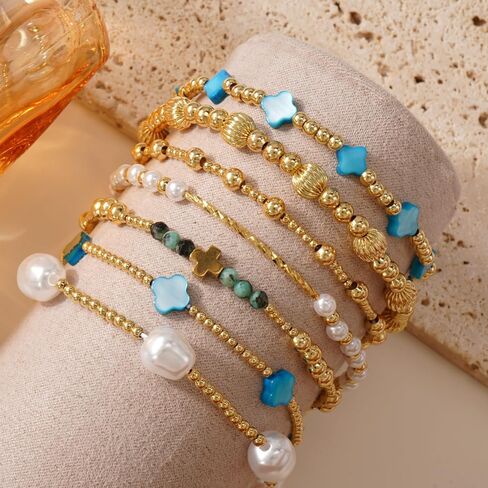 Gold Pearl Clover Shell Cross Bracelets for Women 7PCS Handmade Boho Beaded Bracelet Stack Stretch Stackable Gold Plated Beads Jewelry Accessories Trendy Birthday Prom Friendship Gift in Saudi Arabia