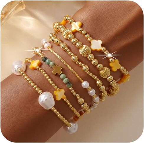 Gold Pearl Clover Shell Cross Bracelets for Women 7PCS Handmade Boho Beaded Bracelet Stack Stretch Stackable Gold Plated Beads Jewelry Accessories Trendy Birthday Prom Friendship Gift in Saudi Arabia