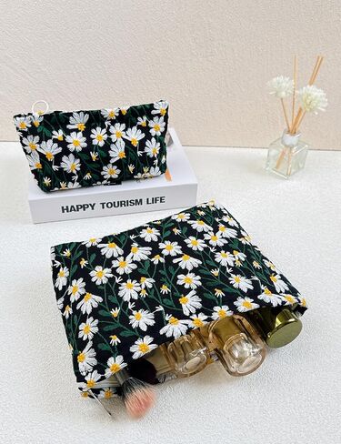 2 Pcs Makeup Bags, Large Cosmetic Bag Travel Toiletry Bag Organizer for Women, Embroidery Craft, Floral Makeup Bag Small Cosmetic Pouch Purse with Zipper Gifts for Girls Teen in Saudi Arabia