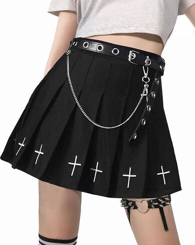 AULKEEP Womens Black Mini Pleated Skirts Goth High Waist A Line Punk Skirt School Uniform Short Skirts with Belt in Kuwait