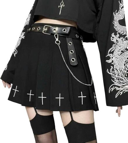 AULKEEP Womens Black Mini Pleated Skirts Goth High Waist A Line Punk Skirt School Uniform Short Skirts with Belt in Kuwait