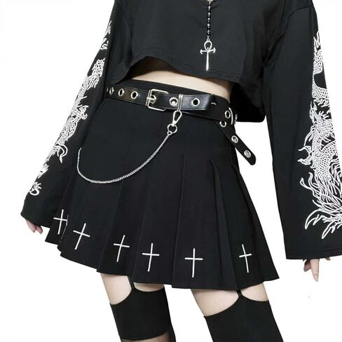 AULKEEP Womens Black Mini Pleated Skirts Goth High Waist A Line Punk Skirt School Uniform Short Skirts with Belt in Kuwait