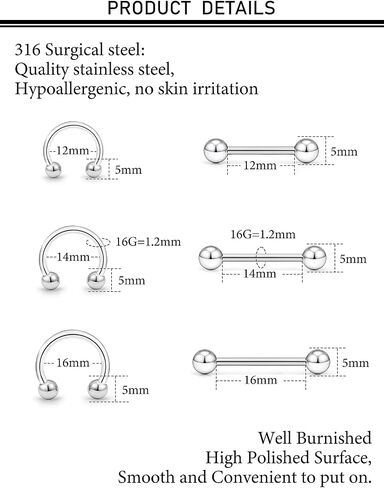 14G 16G 12G Nipple Piercings Tongue Rings Internally Threaded Hypoallergenic 316L Surgical Steel Nipple Hoops Tongue Barbell Piercing Jewelry for Women Men 12mm 14mm 16mm 18mm in Saudi Arabia