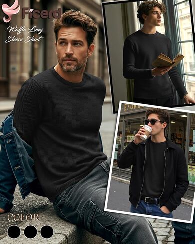 Ficerd 3 Pack Men's Waffle Long Sleeve Shirts, Crew Neck Thermal Underwear Tops Casual Pullover Sweaters Knit Undershirts in Saudi Arabia