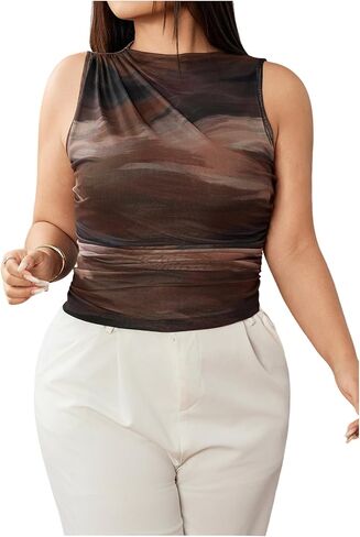 MakeMeChic Women's Plus Size Mock Neck Tank Tops Tie Dye Sleeveless Ruched Summer Shirt in Saudi Arabia
