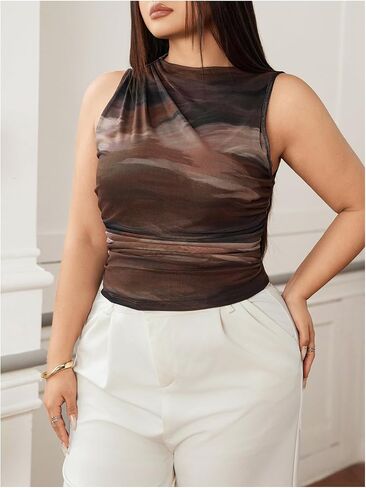 MakeMeChic Women's Plus Size Mock Neck Tank Tops Tie Dye Sleeveless Ruched Summer Shirt in Saudi Arabia