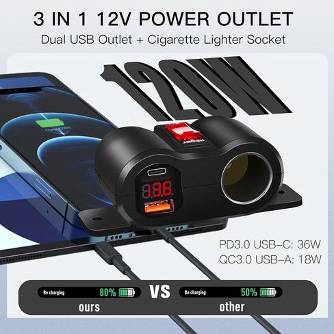 مقبس ولاعة سجائر مزدوج بمنفذ USB 12 فولت مع مفتاح طاقة، شاحن سيارة بمنفذ USB PD3.0 USB C وQC3.0 مع الفولتميتر، محول مخرج طاقة 12 فولت لعربة الجولف للقوارب البحرية والشاحنات البحرية RV UTV in Kuwait