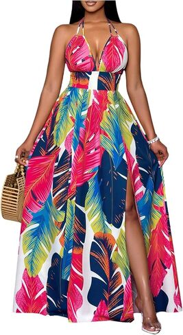 Women's 2025 Summer Halter Dress Tropical Tie Backless Deep V Neck Sleeveless Split Flowy Maxi Dresses in Saudi Arabia