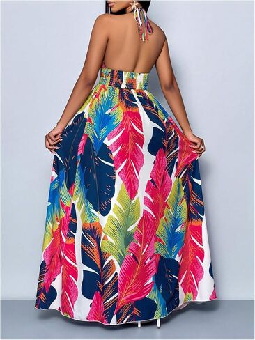 Women's 2025 Summer Halter Dress Tropical Tie Backless Deep V Neck Sleeveless Split Flowy Maxi Dresses in Saudi Arabia