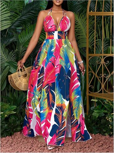 Women's 2025 Summer Halter Dress Tropical Tie Backless Deep V Neck Sleeveless Split Flowy Maxi Dresses in Saudi Arabia