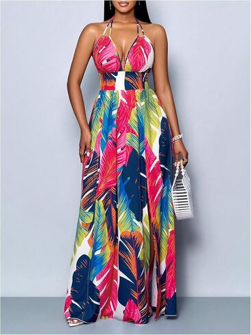 Women's 2025 Summer Halter Dress Tropical Tie Backless Deep V Neck Sleeveless Split Flowy Maxi Dresses in Saudi Arabia