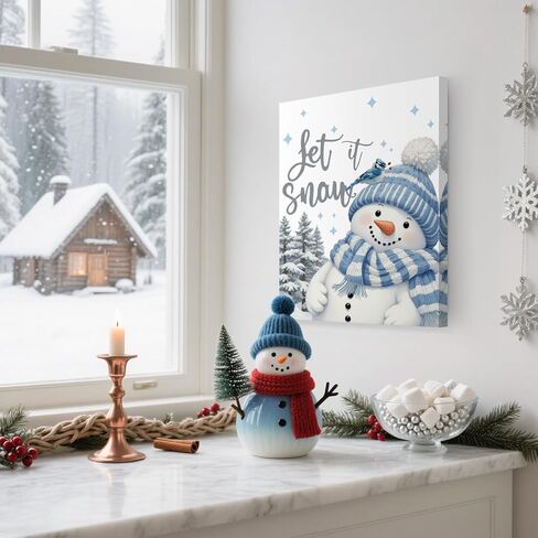 Let It Snow Blue Snowman Winter Wall Art Poster, Blue Snowman Decor, Rustic Winter Christmas Xmas Pictures Wall Decor for Home Living Room Bedroom, 11x14 Inch Framed in Saudi Arabia