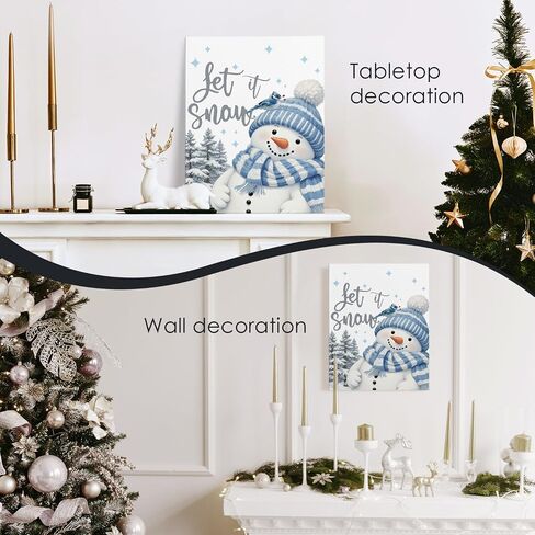 Let It Snow Blue Snowman Winter Wall Art Poster, Blue Snowman Decor, Rustic Winter Christmas Xmas Pictures Wall Decor for Home Living Room Bedroom, 11x14 Inch Framed in Saudi Arabia