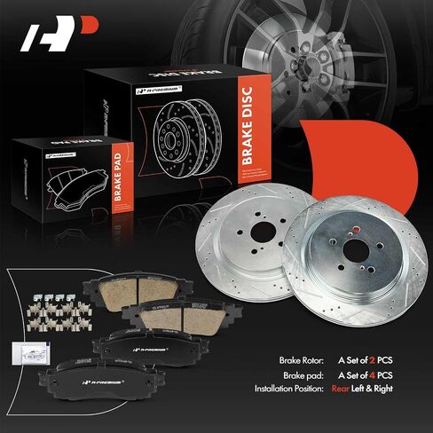 A-Premium 13.31 inch (338mm) Rear Drilled and Slotted Disc Brake Rotors + Ceramic Pads Kit Compatible with Select Lexus Models - RX350 2016-2022, RX350L 2018-2022, RX450h 2016-2022, RX450hL, 6-PC Set in Saudi Arabia
