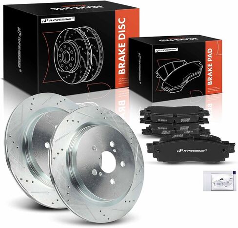 A-Premium 13.31 inch (338mm) Rear Drilled and Slotted Disc Brake Rotors + Ceramic Pads Kit Compatible with Select Lexus Models - RX350 2016-2022, RX350L 2018-2022, RX450h 2016-2022, RX450hL, 6-PC Set in Saudi Arabia