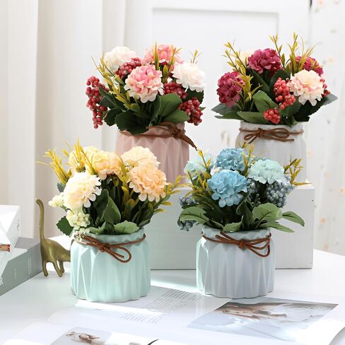 2 PCS Mini Hygrangea Artificial Flowers in Vase, Small Centerpiece Table Decorations - Fake Plant in Vase, Faux Hydrangea Flower Decor for Home, Wedding, Office and Party in Saudi Arabia
