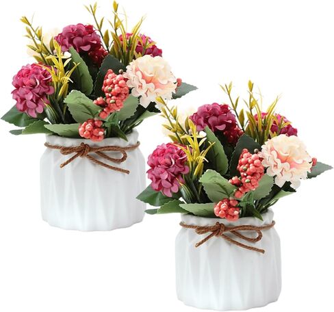 2 PCS Mini Hygrangea Artificial Flowers in Vase, Small Centerpiece Table Decorations - Fake Plant in Vase, Faux Hydrangea Flower Decor for Home, Wedding, Office and Party in Saudi Arabia