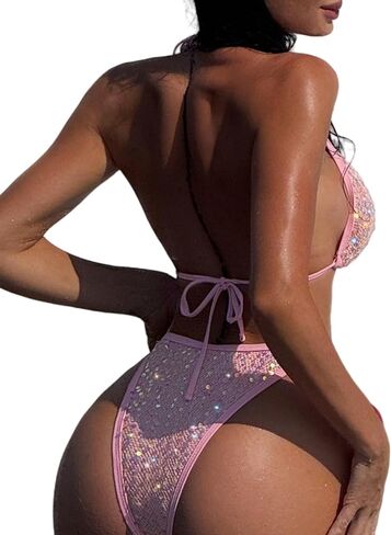 Women's Shiny Sequins Bikini Sets Glitter Halter String Triangle Bikini Sets Two Piece Padded Swimsuit Bathing Suit for Women in Kuwait