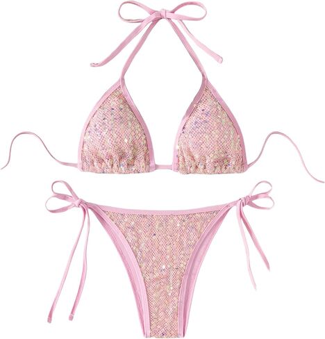 Women's Shiny Sequins Bikini Sets Glitter Halter String Triangle Bikini Sets Two Piece Padded Swimsuit Bathing Suit for Women in Kuwait