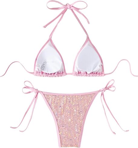 Women's Shiny Sequins Bikini Sets Glitter Halter String Triangle Bikini Sets Two Piece Padded Swimsuit Bathing Suit for Women in Kuwait