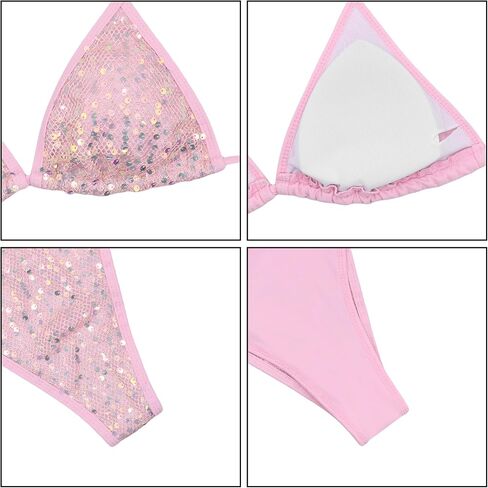 Women's Shiny Sequins Bikini Sets Glitter Halter String Triangle Bikini Sets Two Piece Padded Swimsuit Bathing Suit for Women in Kuwait
