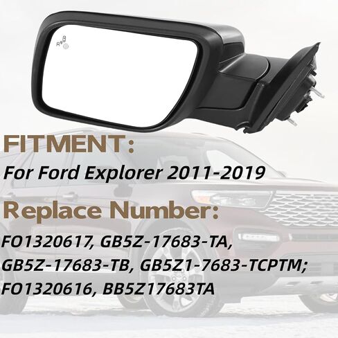 استبدال مجموعة مرآة الجانب الأيسر للسائق لسيارة Ford Explorer 2011-2019 مرآة الرؤية الخلفية مع تسخين كهربائي قابل للتعديل، إشارة الانعطاف، استبدال شاشة النقطة العمياء FO1320617، GB5Z-17683-TA، أسود 9 دبابيس in Kuwait