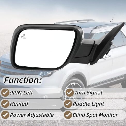 استبدال مجموعة مرآة الجانب الأيسر للسائق لسيارة Ford Explorer 2011-2019 مرآة الرؤية الخلفية مع تسخين كهربائي قابل للتعديل، إشارة الانعطاف، استبدال شاشة النقطة العمياء FO1320617، GB5Z-17683-TA، أسود 9 دبابيس in Kuwait