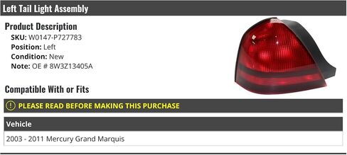 Left Driver Side Tail Light Assembly - Compatible with 2003-2011 Mercury Grand Marquis in Saudi Arabia