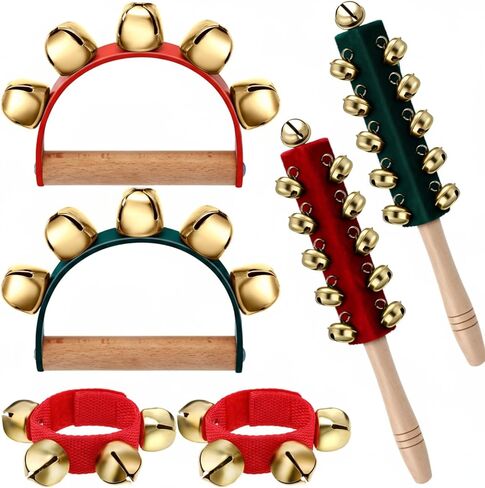 Boao 6 Pcs Christmas Hand Jingle Bells Wooden Handle Sleigh Bells Wrist Band Bells Sleigh Bells Instrument Shaker Rattle Musical Percussion for Xmas Party Favors(Red and Green) in Saudi Arabia