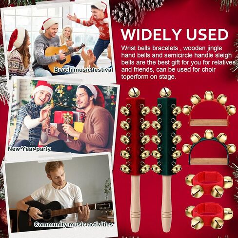 Boao 6 Pcs Christmas Hand Jingle Bells Wooden Handle Sleigh Bells Wrist Band Bells Sleigh Bells Instrument Shaker Rattle Musical Percussion for Xmas Party Favors(Red and Green) in Saudi Arabia