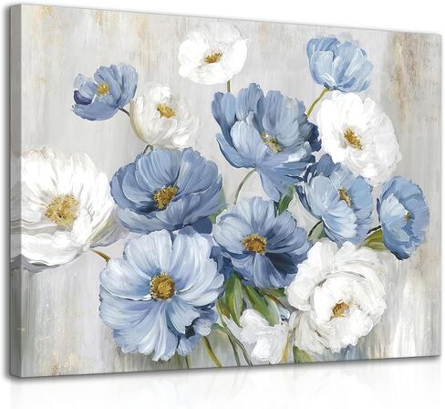 Blue White Floral Wall Art, Modern Flower Canvas Wall Decor Painting for Living Room Bathroom Bedroom 12x16 in Unframed in Kuwait