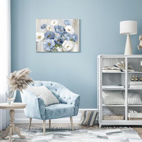 Blue White Floral Wall Art, Modern Flower Canvas Wall Decor Painting for Living Room Bathroom Bedroom 12x16 in Unframed in Kuwait