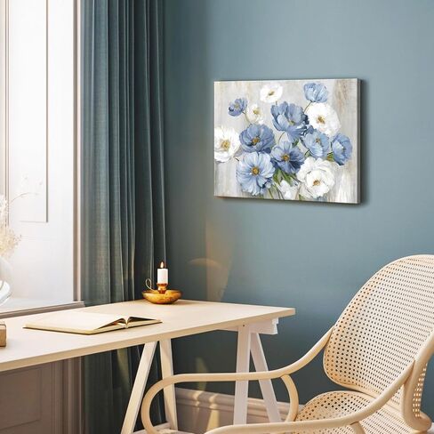 Blue White Floral Wall Art, Modern Flower Canvas Wall Decor Painting for Living Room Bathroom Bedroom 12x16 in Unframed in Kuwait