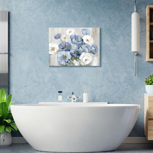 Blue White Floral Wall Art, Modern Flower Canvas Wall Decor Painting for Living Room Bathroom Bedroom 12x16 in Unframed in Kuwait