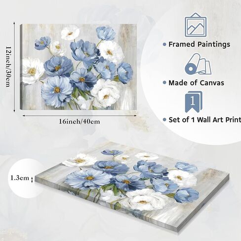 Blue White Floral Wall Art, Modern Flower Canvas Wall Decor Painting for Living Room Bathroom Bedroom 12x16 in Unframed in Kuwait