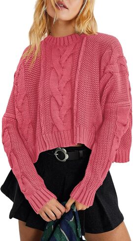 Panadila Womens Cropped Sweater Crew Neck Cable Knit Sweater Ribbed Long Sleeve Top Soft Boxy Pullover (Apricot,S) in Kuwait