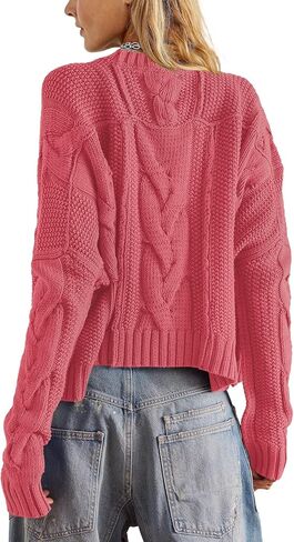 Panadila Womens Cropped Sweater Crew Neck Cable Knit Sweater Ribbed Long Sleeve Top Soft Boxy Pullover (Apricot,S) in Kuwait