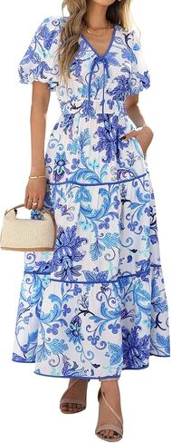 PRETTYGARDEN Women Summer Boho Maxi Dresses 2025 V Neck Puff Short Sleeve A-Line Flowy Tiered Floral Wedding Guest Dress in Saudi Arabia