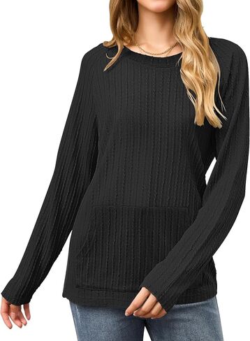 2025 New Womens Long Sleeve Shirts Casual Crew Neck Lightweight Pullover Tops With Pockets in Saudi Arabia