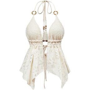 GORGLITTER Women's Boho Halter Top Beaded Eyelet Backless Ruffle Babydoll Tops 2025 Western Outfits in Saudi Arabia
