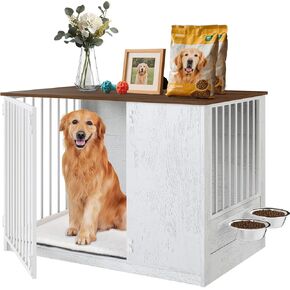 Dog Crate Furniture with Cushion for Large Dogs, 36" Indoor Wooden Dog Kennel with 270° Swivel Door, 360° Rotating Feeder, Decorative Heavy Duty Dog House with Double Locks & Bowls, Rustic Brown in Kuwait